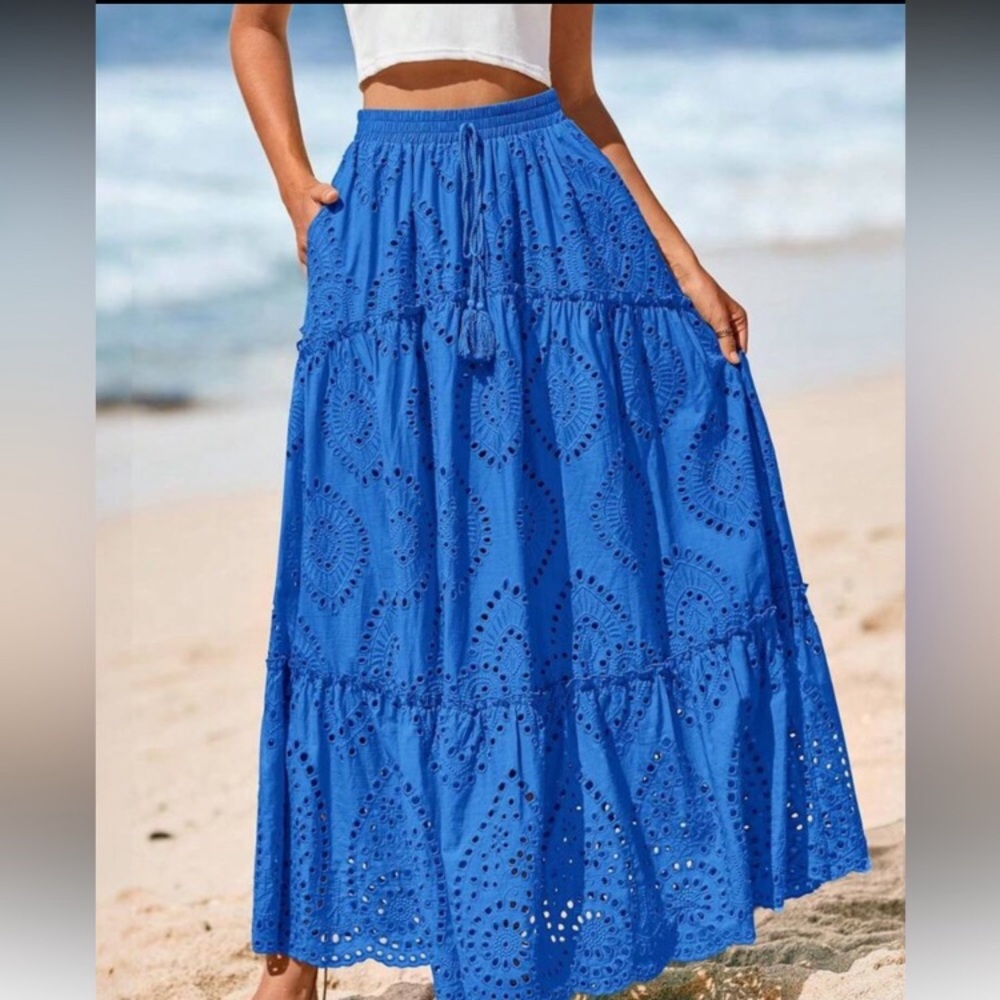 Boho Eyelet Lace stretchy waist Flowy Maxi Skirt